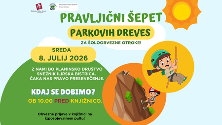 Plakat za poletni dogodek Pravljični šepet parkovih dreves z datumom 8. julij 2026 in predstavitvijo druženja s Planinskim društvom Snežnik Ilirska Bistrica.